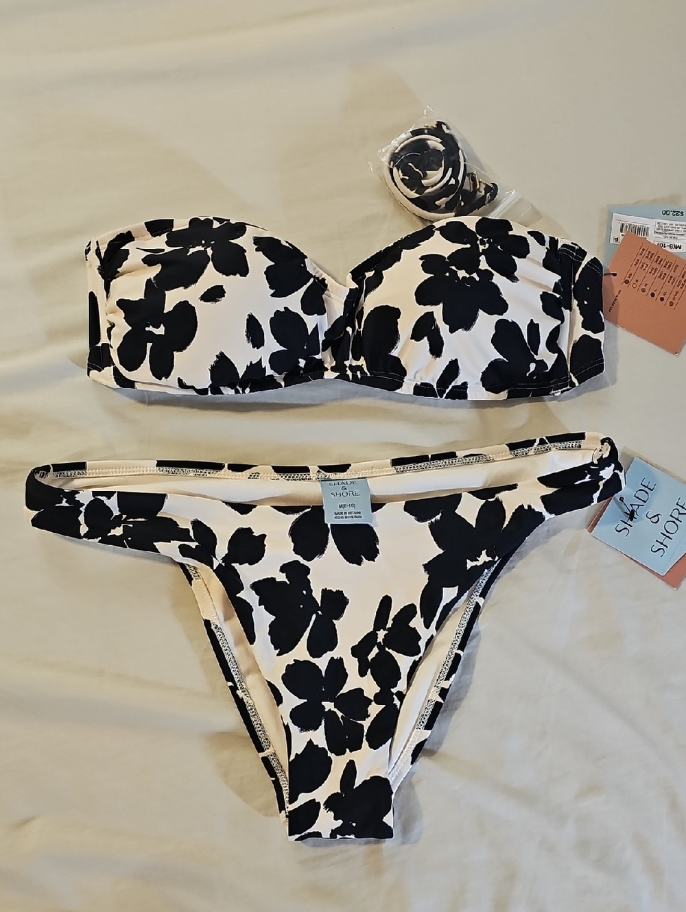 Shade & Shore Black and White Floral Bandeau Bikini Set
